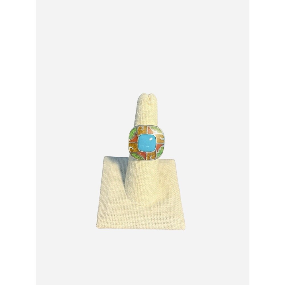 Size 7 Carolyn Pollack Turquoise Mosaic Inlay Sterling Silver Statement Ring